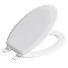 FBJ Elongated Wood Toilet Seat in White, Oval Wooden Toilet Seat, Adjustable & Easy to Clean-W8001