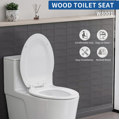 FBJ Elongated Wood Toilet Seat in White, Oval Wooden Toilet Seat, Adjustable & Easy to Clean-W8001
