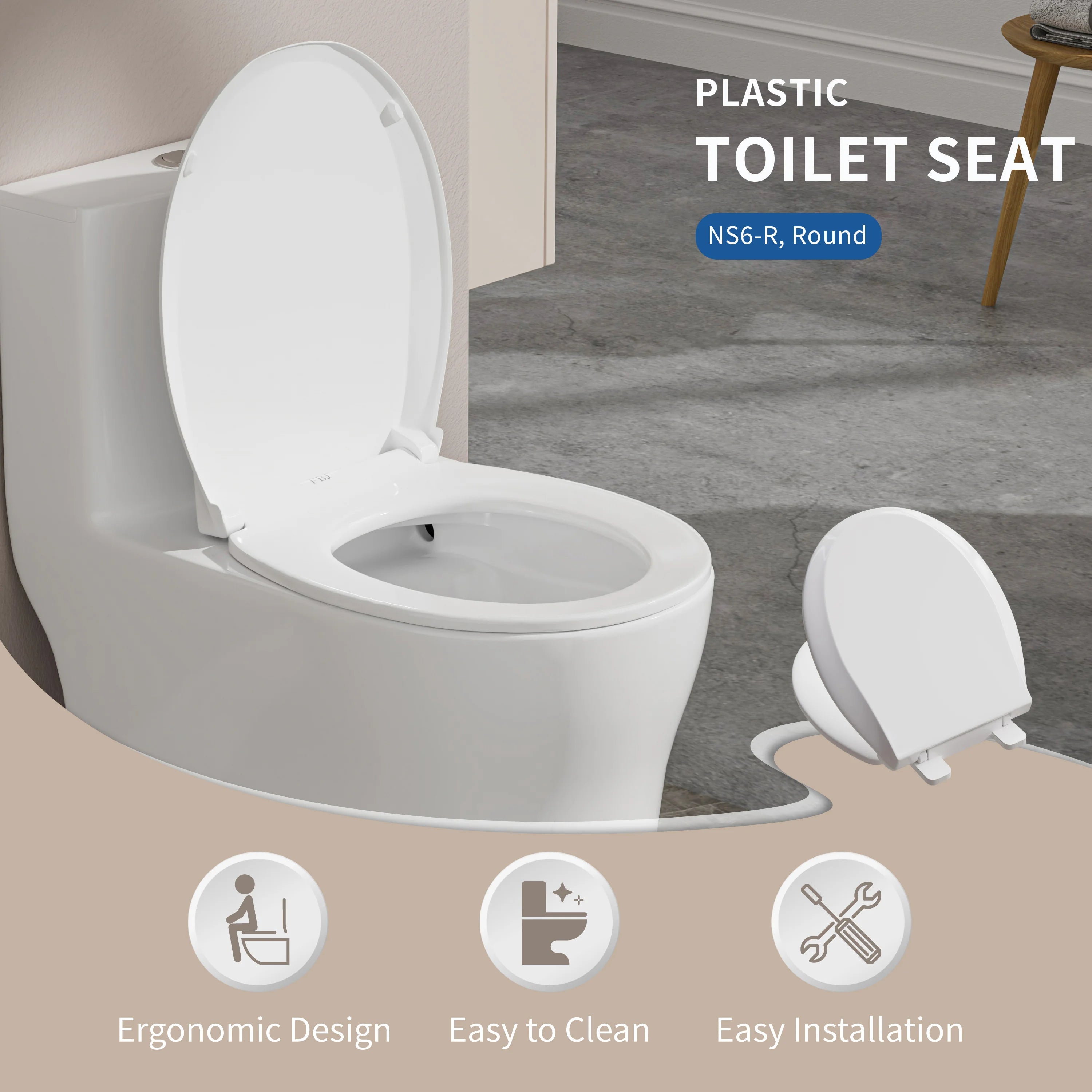 FBJ Round Plastic Toilet Seat in White, Easy to Install-NS6-R