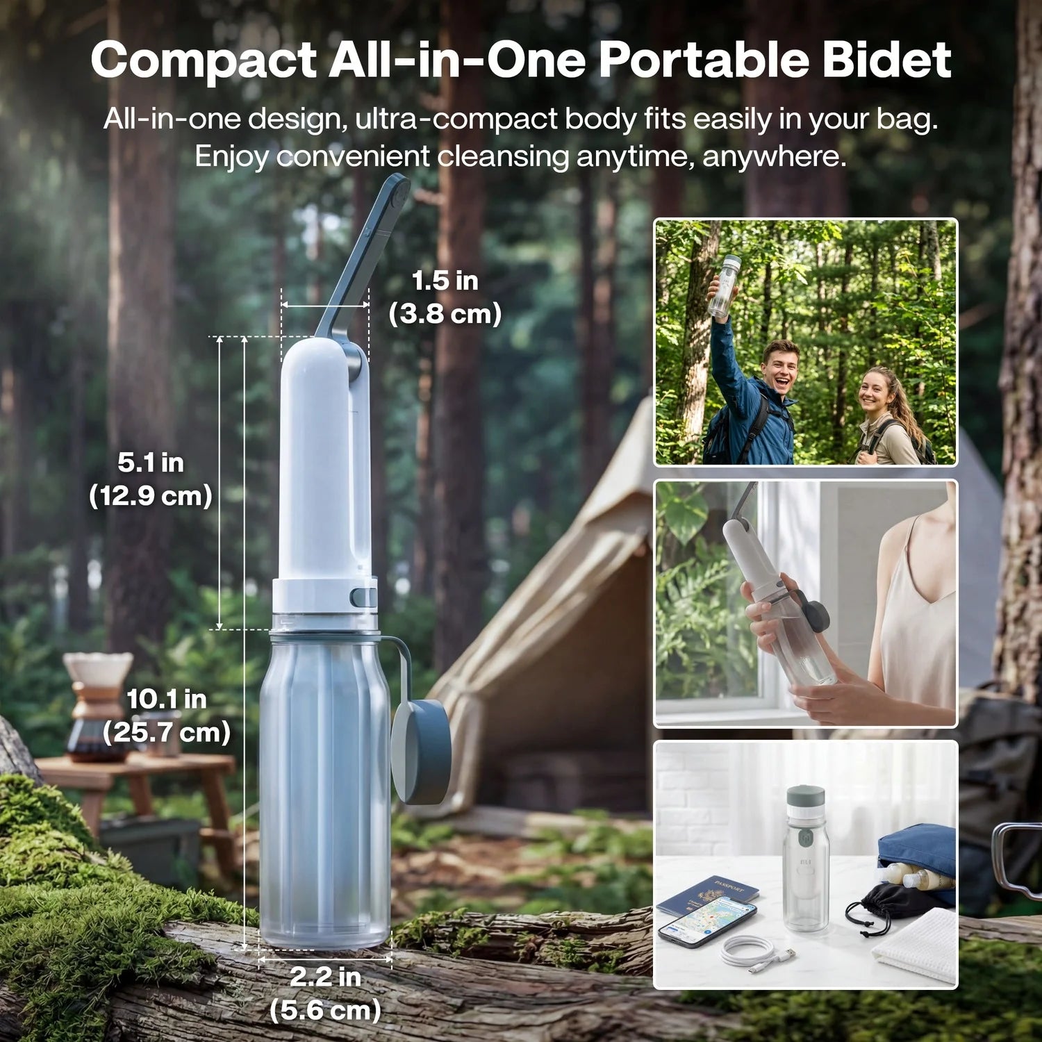 Electric Portable Travel Bidet for Personal Hygiene, 3 Water Pressure Modes, IPX7 Waterproof, 450mAh USB-C Rechargeable, 260ml Large Capacity for Home, Camping & Outdoor Use