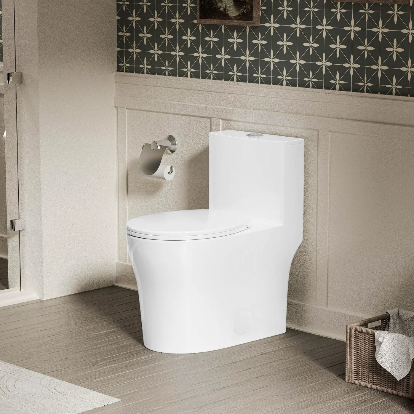 Modern Round Toilet, Compact One Piece Toilet with Dual Flush 0.9/1.28 GPF and MAP 1000g, Standard White Toilet  WR03