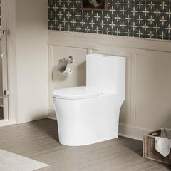 Modern Round Toilet, Compact One Piece Toilet with Dual Flush 0.9/1.28 GPF and MAP 1000g, Standard White Toilet  WR03