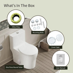 Modern Round Toilet, Compact One Piece Toilet with Dual Flush 0.9/1.28 GPF and MAP 1000g, Standard White Toilet  WR03